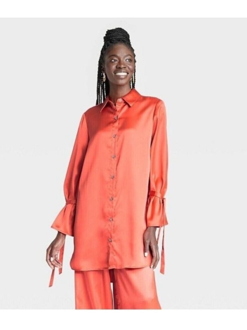 Satin Button Top & Pant Set - Coral